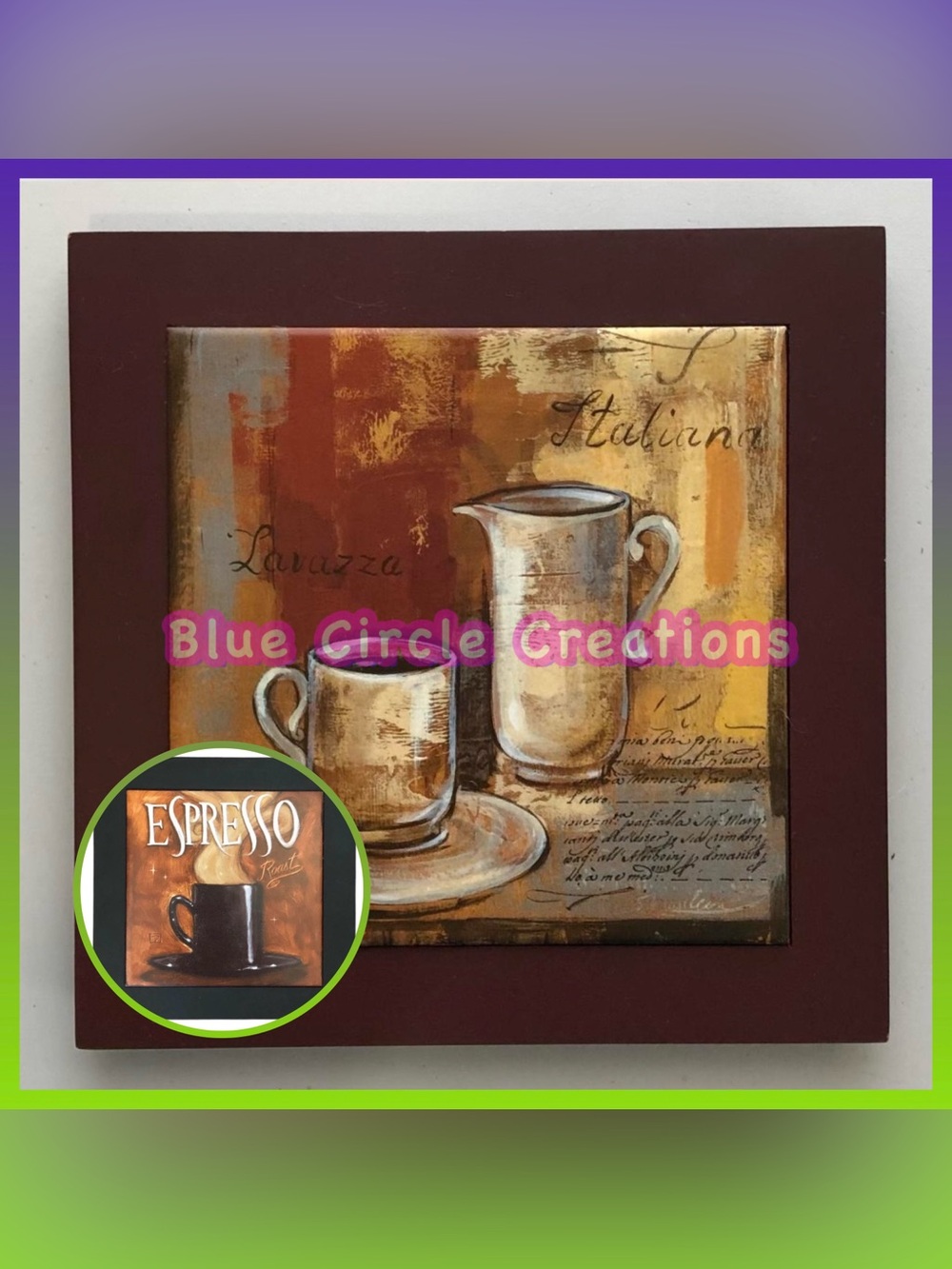 Dark Wooden Framed Ceramic Tile 8” Wall Plaque Trivet Espresso /Coffee Theme